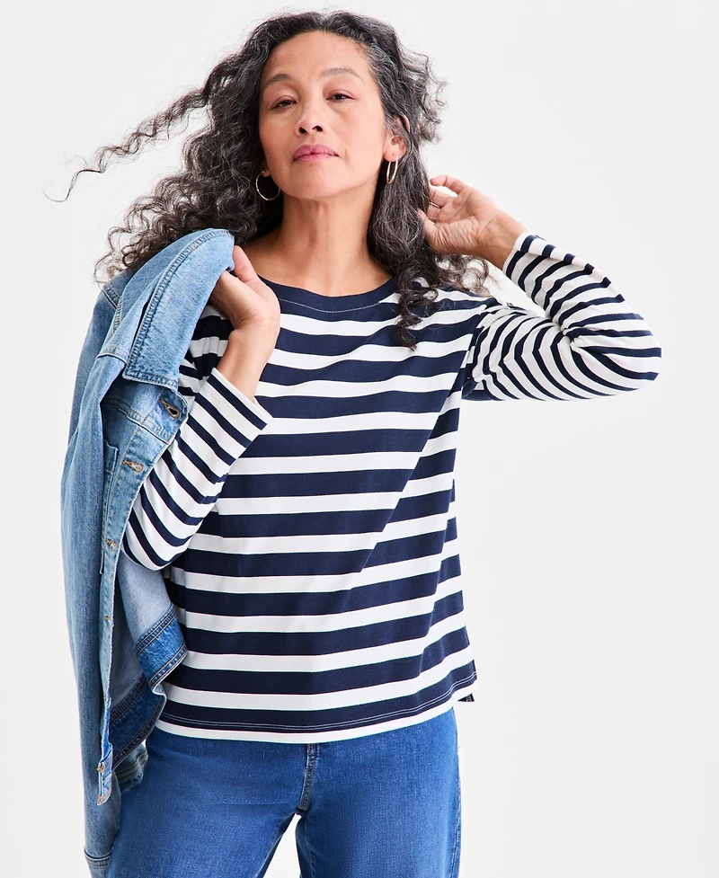 Style & Co Women's Long Sleeve Button-Trim Striped Knit Top, Macy's Exclusive