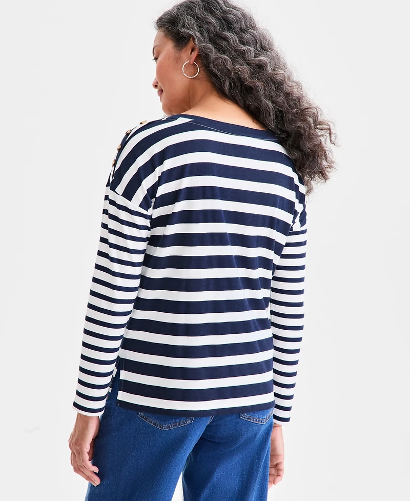 Style & Co Women's Long Sleeve Button-Trim Striped Knit Top, Macy's Exclusive