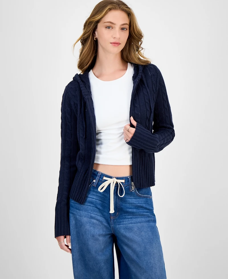 Hooked Up by Iot Juniors' Cable-Knit Zippered Hoodie