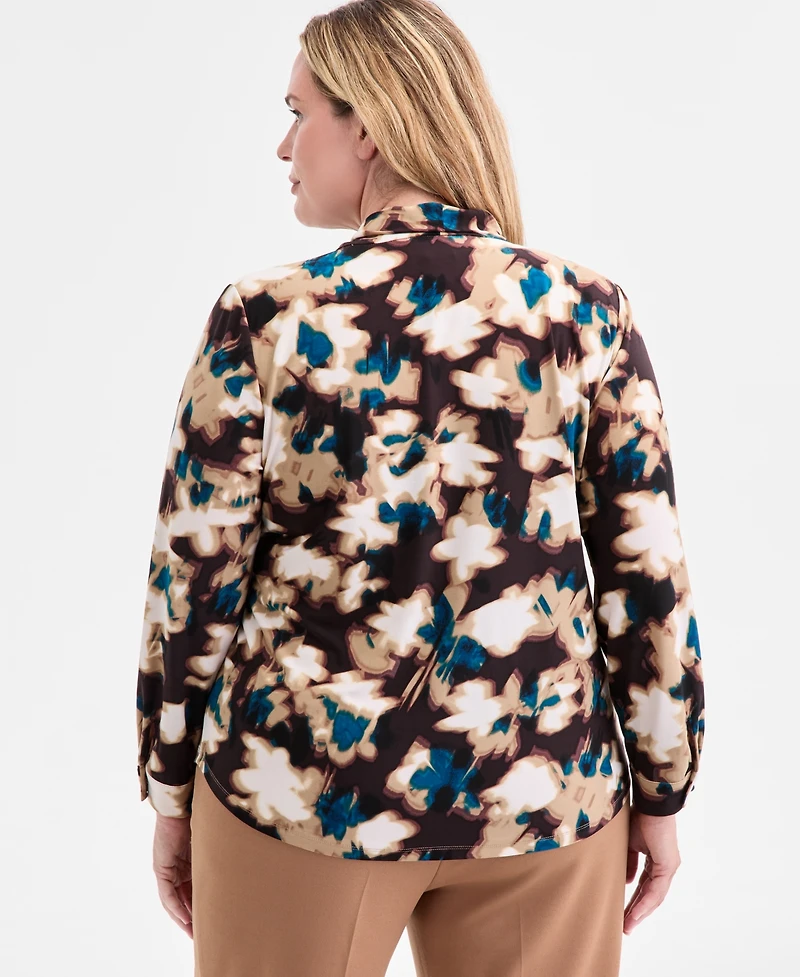 Anne Klein Plus Size Printed Tie-Neck Long-Sleeve Blouse