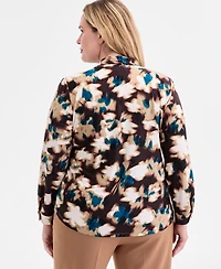 Anne Klein Plus Size Printed Tie-Neck Long-Sleeve Blouse