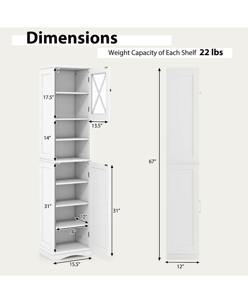 Volenca 67 Inch Tall Bathroom Cabinet Freestanding Storage Cabinet with 5 Adjustable Shelves