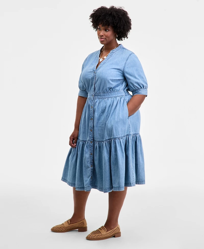 On 34th Trendy Plus Cotton Button-Front Tiered Midi Dress, Macy's Exclusive