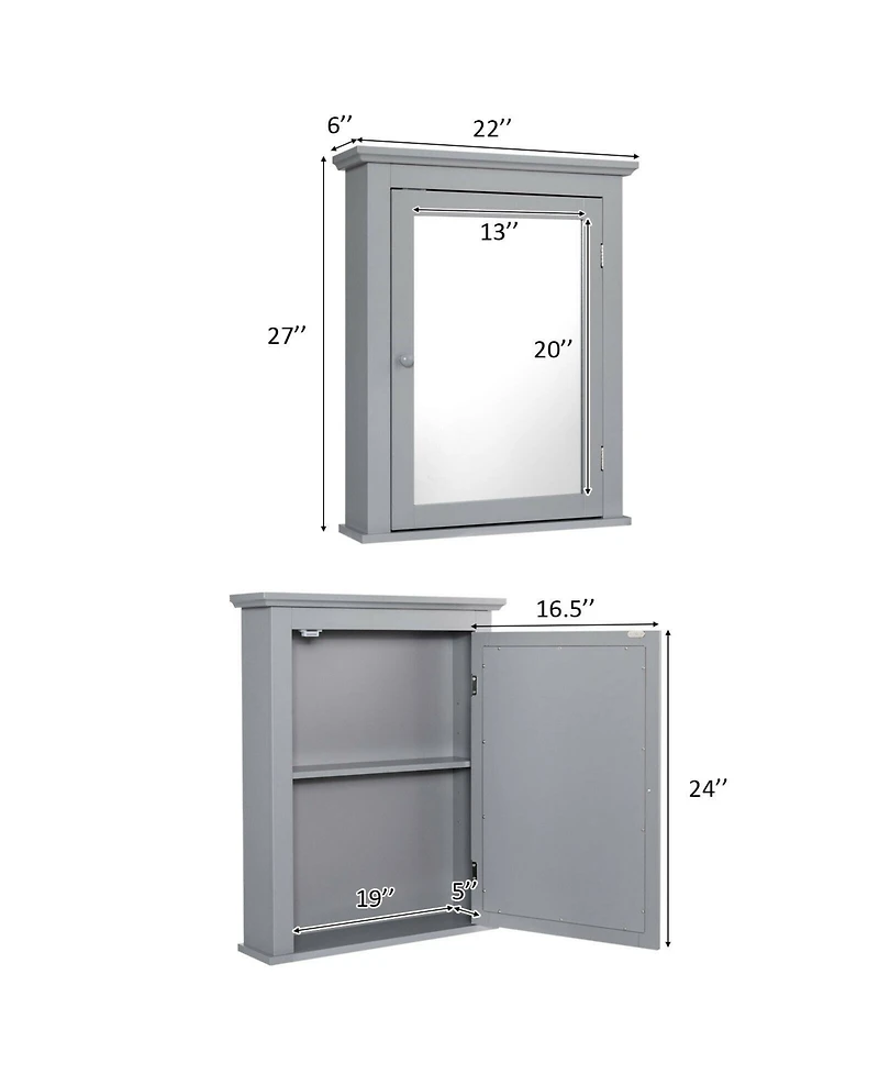 Wall Mount Bathroom Cabinet with One Mirror Single Door Adjustable Shelves Retro Handle