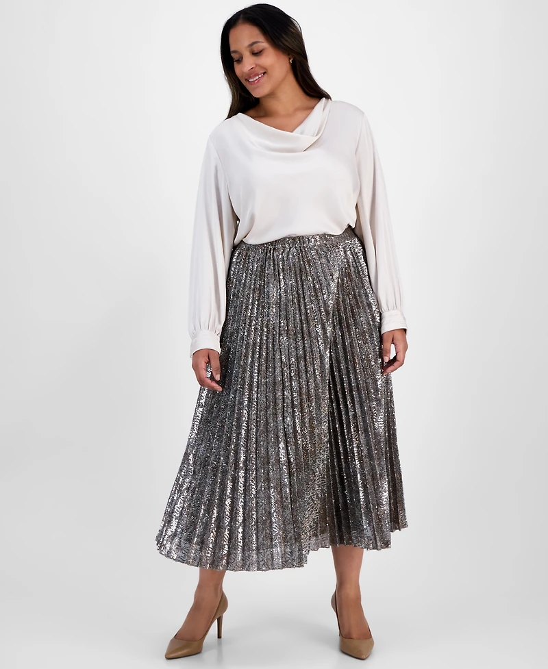 Anne Klein Plus Pull-On Pleated Sequin Midi Skirt