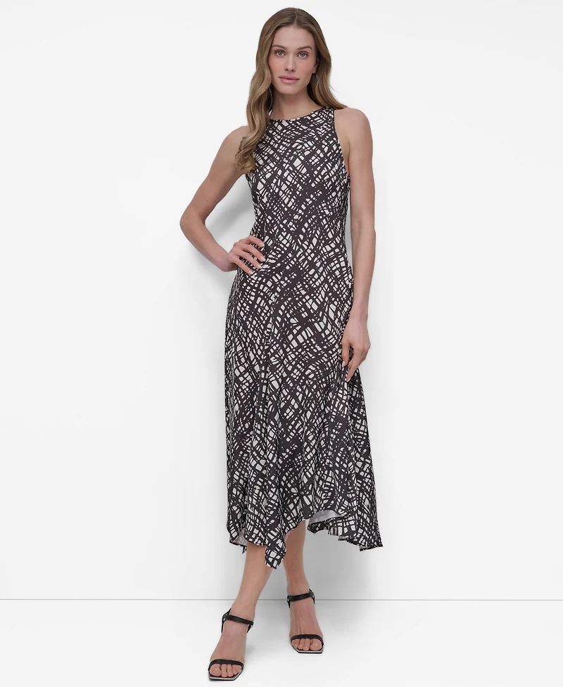 Dkny Women's Printed Crewneck High-Low Hem Midi Dress