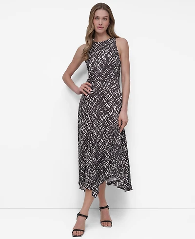 Dkny Women's Printed Crewneck High-Low Hem Midi Dress