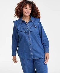 On 34th Trendy Plus Ruffle-Front Long-Sleeve Denim Shirt, Macy's Exclusive