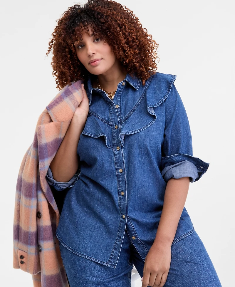 On 34th Trendy Plus Ruffle-Front Long-Sleeve Denim Shirt, Macy's Exclusive