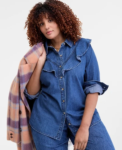 On 34th Trendy Plus Ruffle-Front Long-Sleeve Denim Shirt, Macy's Exclusive