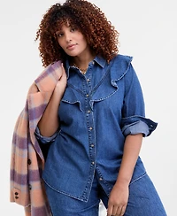 On 34th Trendy Plus Ruffle-Front Long-Sleeve Denim Shirt, Macy's Exclusive