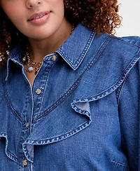 On 34th Trendy Plus Ruffle-Front Long-Sleeve Denim Shirt, Macy's Exclusive