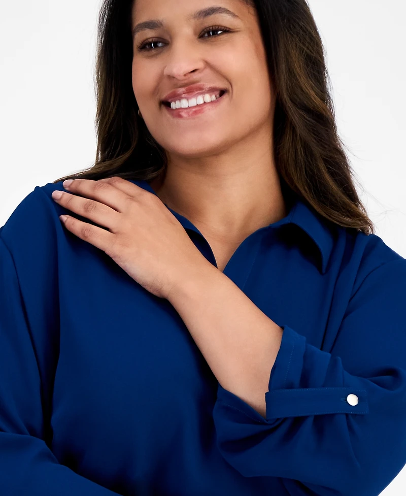 Ak Anne Klein Plus Collared V-Neck Roll-Tab-Sleeves
