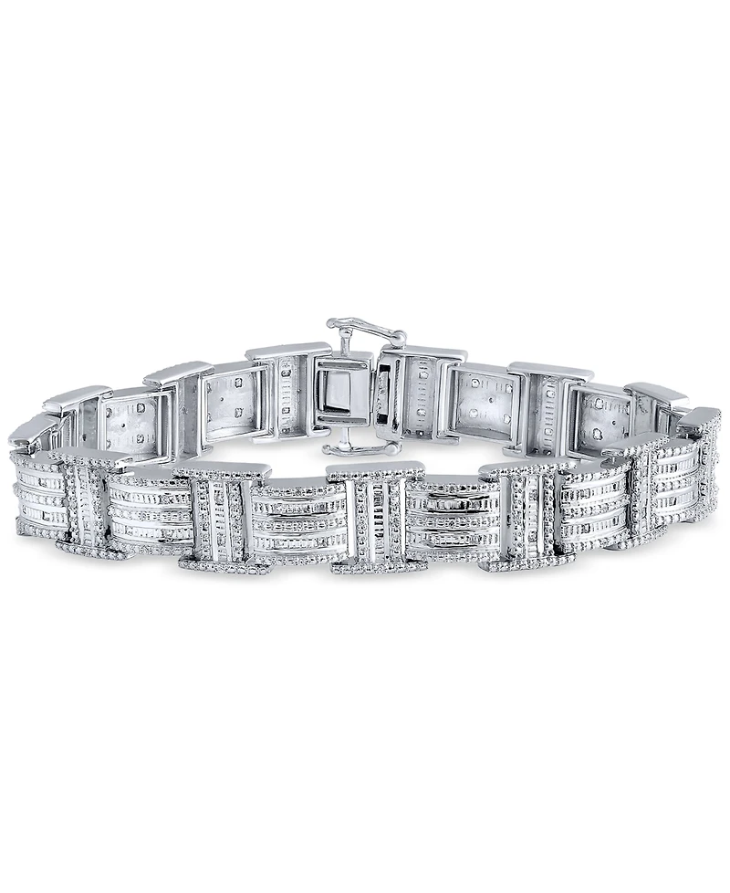Diamond Round & Baguette Square Link Bracelet (3/4 ct. t.w.) in Sterling Silver