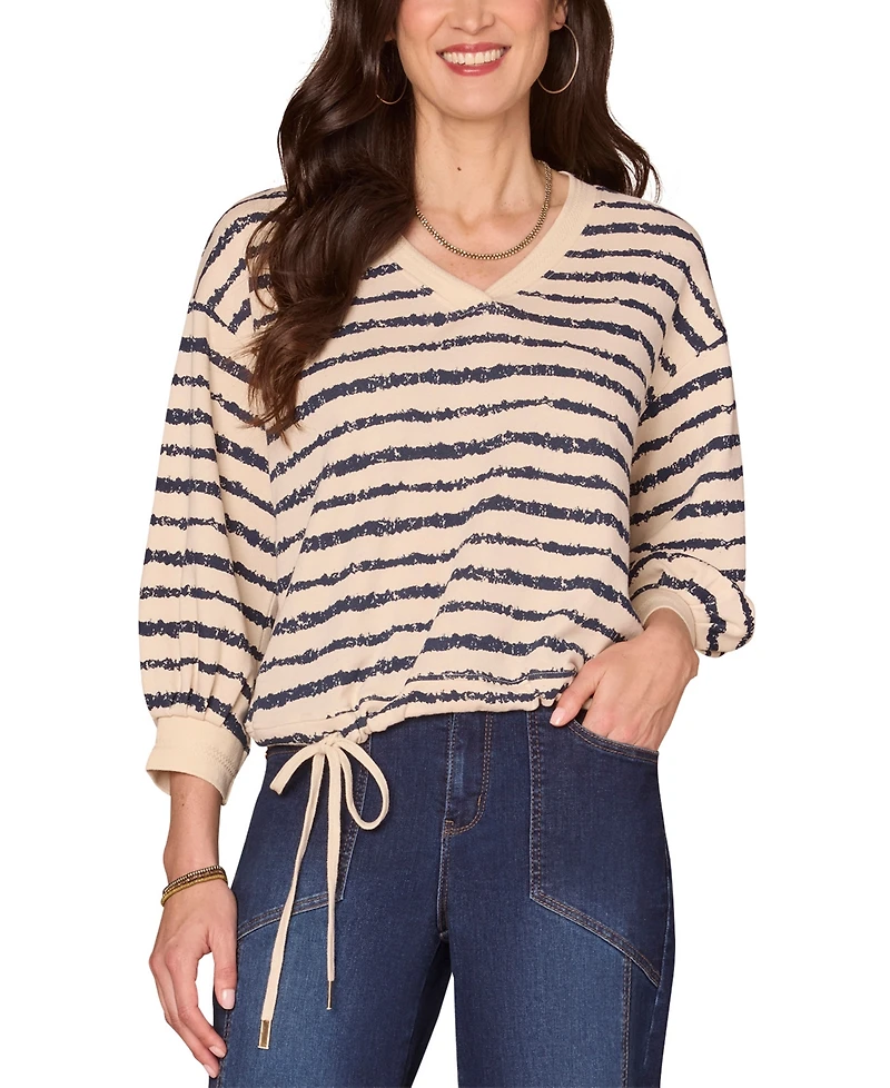 Democracy Women's Jacquard V-Neck Blouson-Sleeve Top