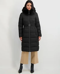 Tahari Women's Faux-Fur-Trim Hooded Belted Puffer Coat