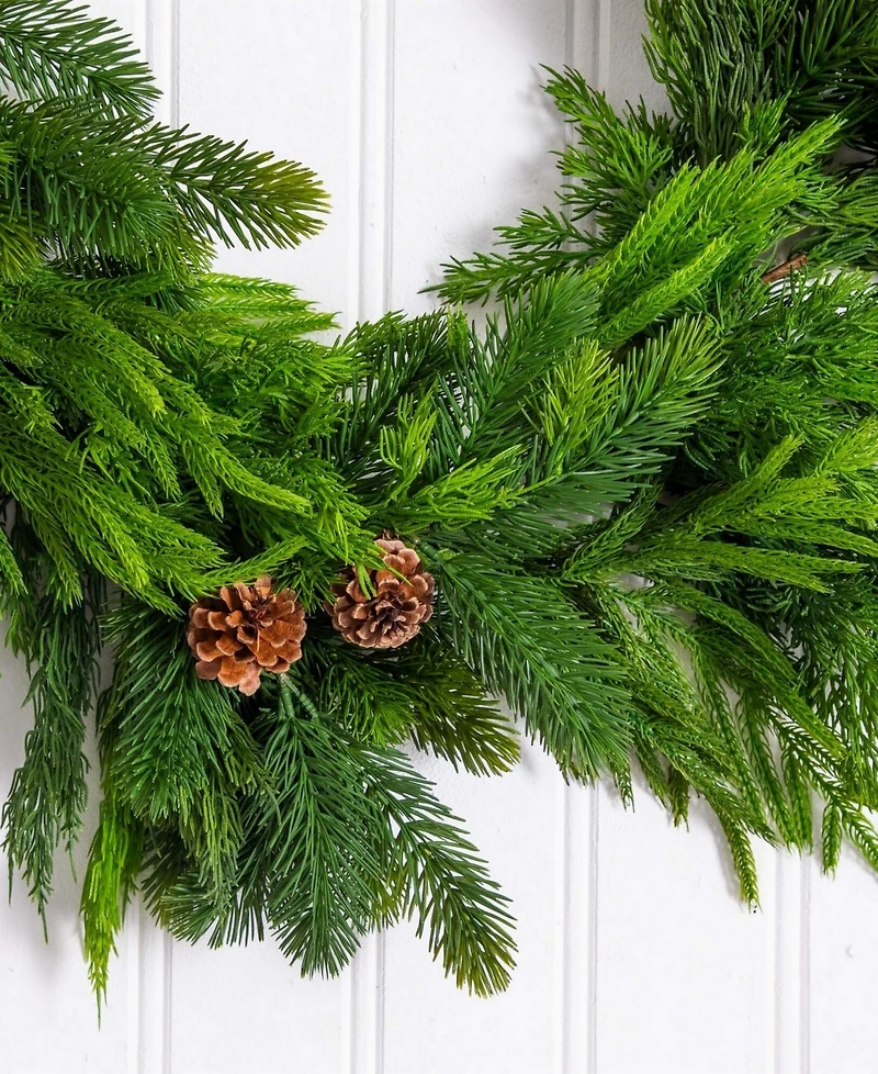 Nearly Natural 6" Artificial Pine and Norfolk Garland with Pinecones