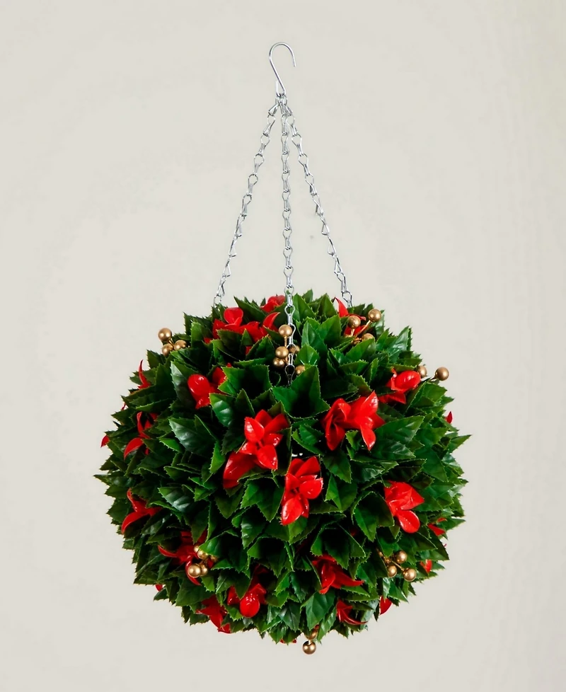 Nearly Natural 15" Uv Resistant Artificial Tip Photinia Christmas Hanging Ball Indoor and Outdoor