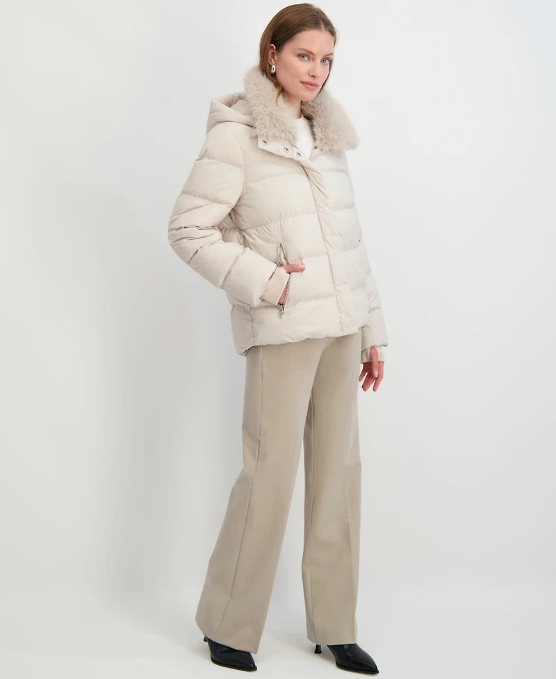 Tahari Women's Faux-Fur-Collar Hooded Puffer Coat