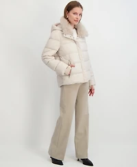 Tahari Women's Faux-Fur-Collar Hooded Puffer Coat