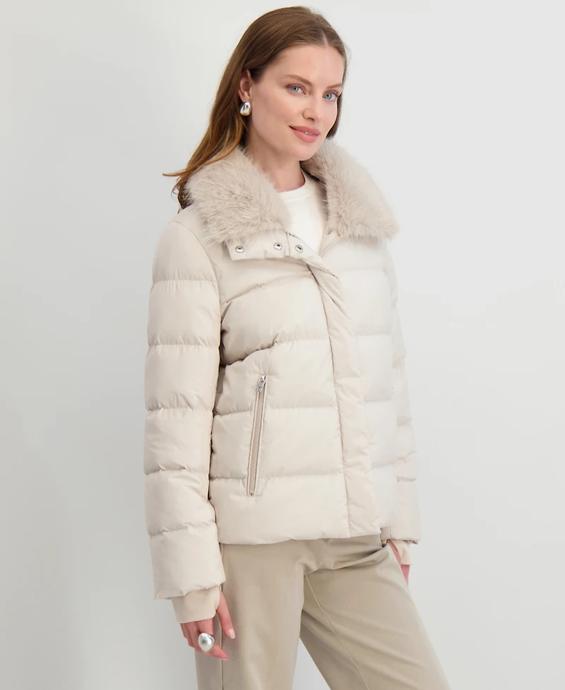 Tahari Women's Faux-Fur-Collar Hooded Puffer Coat