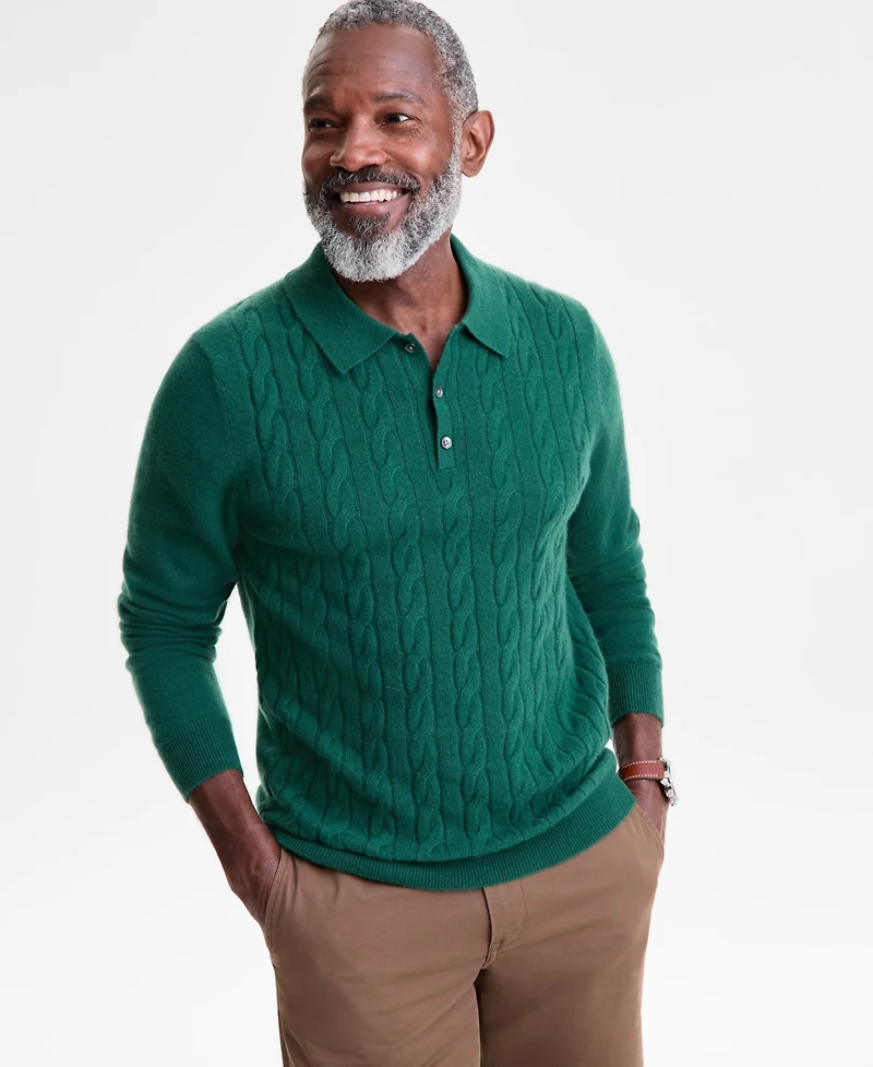 Club Room Men's Regular-Fit Cable-Knit 100% Cashmere Sweater Polo Shirt, Macy's Exclusive