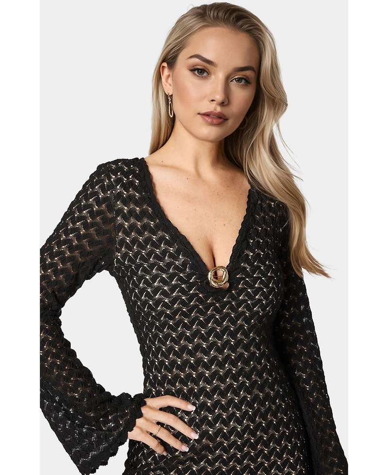 Bebe Women's Lace Bell Sleeves Keyhole Mini Dress
