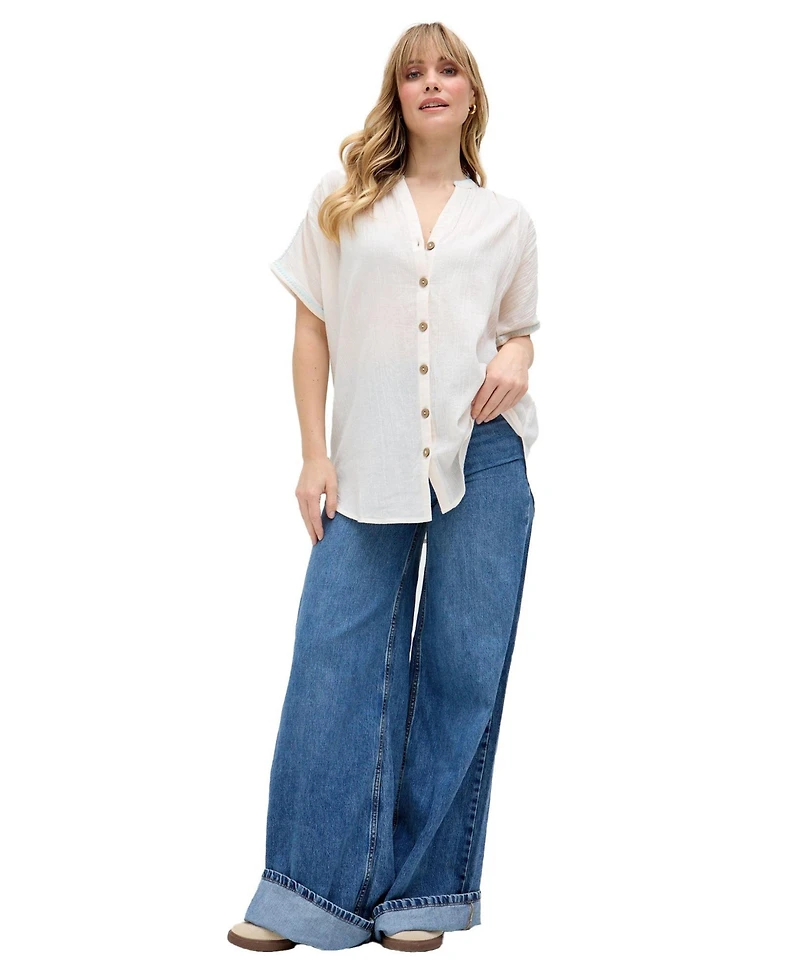 Raffya Women's Juneeta Crop Sleeve Button Down Shirt