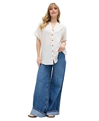 Raffya Women's Juneeta Crop Sleeve Button Down Shirt