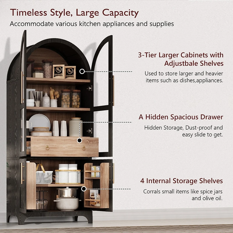 Casainc 71" Arched Kitchen Pantry Cabinet with Door Shelves, Glass Door, Hidden Drawer, Open Adjustable Shelves