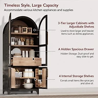 Casainc 71" Arched Kitchen Pantry Cabinet with Door Shelves, Glass Door, Hidden Drawer, Open Adjustable Shelves