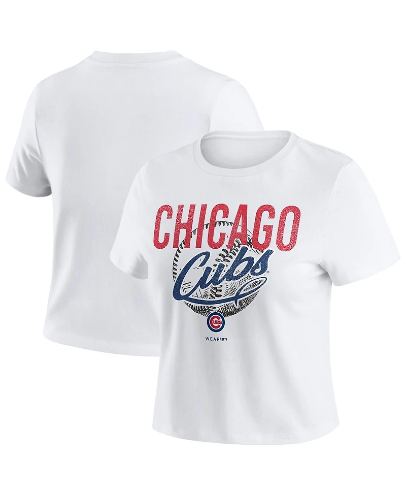 Wear by Erin Andrews Women's White Chicago Cubs Distressed Cropped Baby T-Shirt