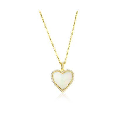 Caribbean Treasures Sterling Silver, Mop Heart w/ Cz Border Necklace - Gold Plated
