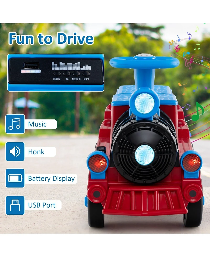 Gymax 12V 2-Seater Ride on Toy w/ Train Whistle Led Lights Music & Usb Port