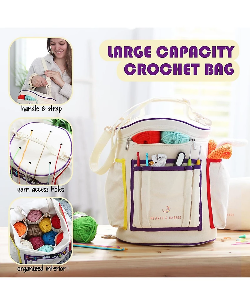 Hearth & Harbor Durable Canvas Crochet & Knitting Bag Organizer with Accessories Case - Yarn Organizer for Crochet Accessories and Supplies