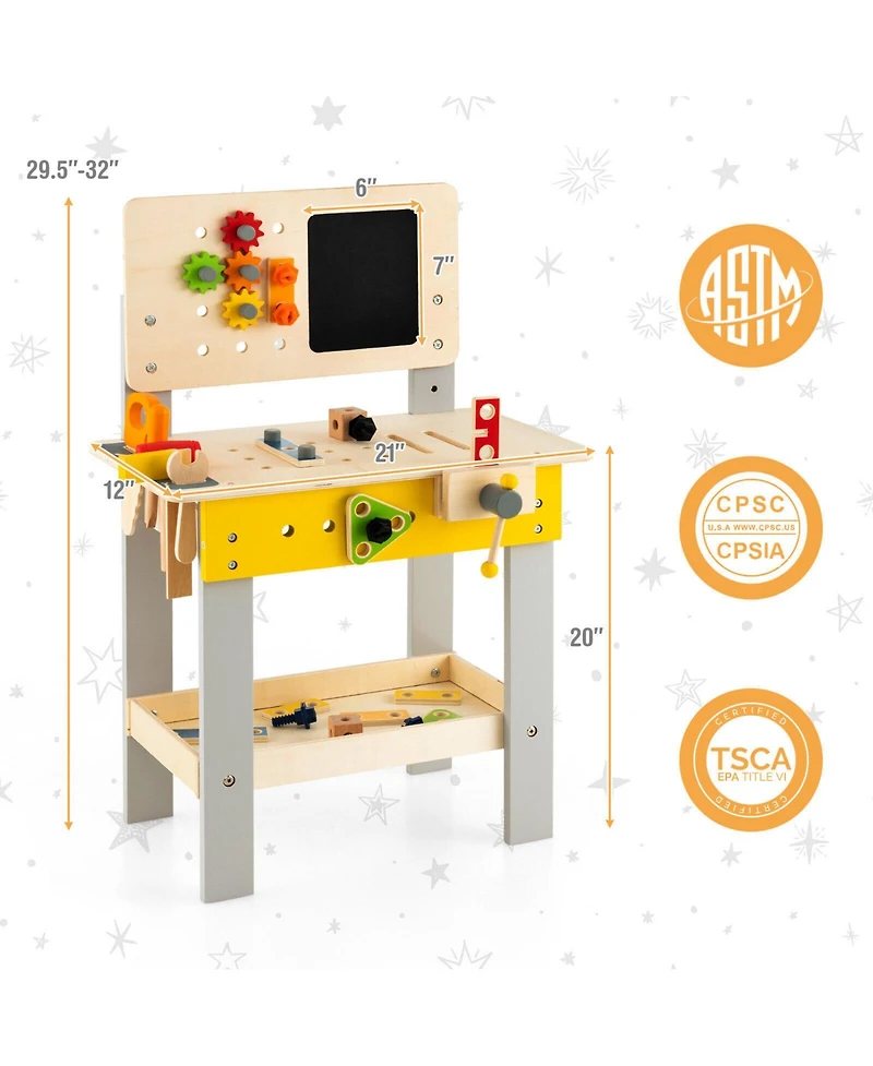 Wooden Pretend Play Workbench Set with Blackboard for Toddlers Ages 3+