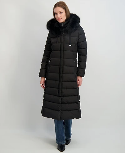Tahari Womens Maxi Shine Bibbed Faux-Fur-Trimmed Hooded Puffer Coat