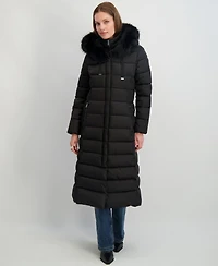 Tahari Womens Maxi Shine Bibbed Faux-Fur-Trimmed Hooded Puffer Coat