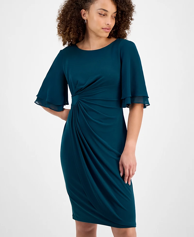 Connected Petite Gathered Flutter-Sleeve Dress