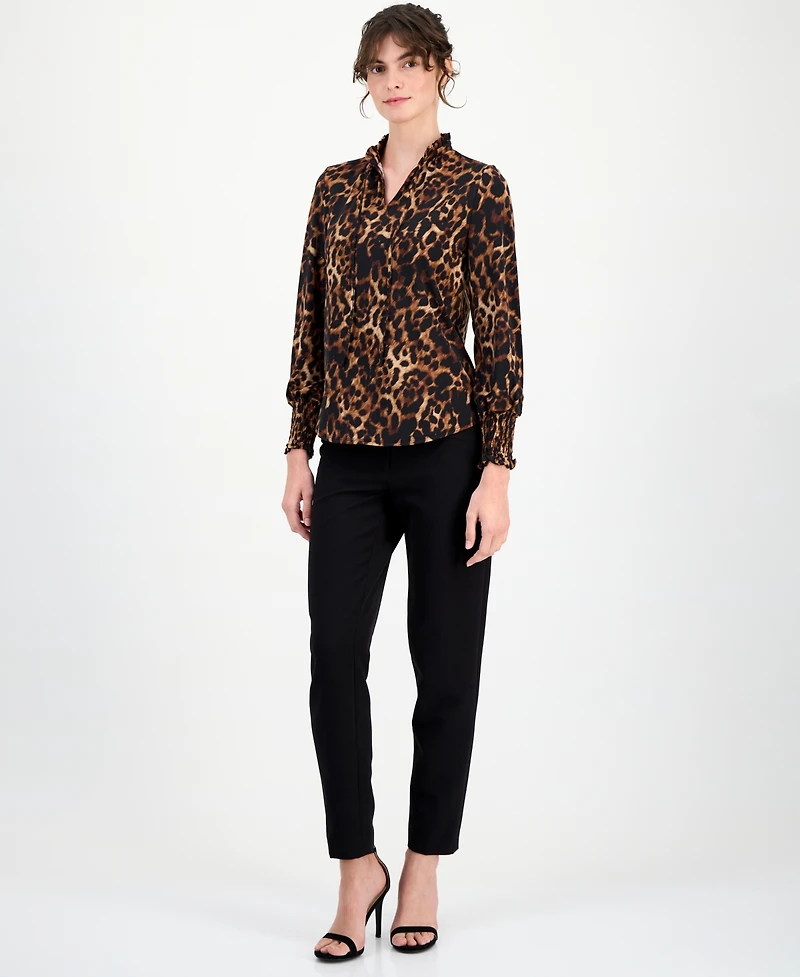 Anne Klein Petite Ruffled-Neck Smocked-Cuff Top