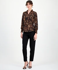 Anne Klein Petite Ruffled-Neck Smocked-Cuff Top