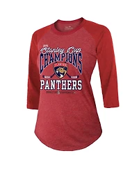 Majestic Women's Red Florida Panthers 2025 Stanley Cup Champions 3/4-Sleeve Raglan Tri-Blend T-Shirt