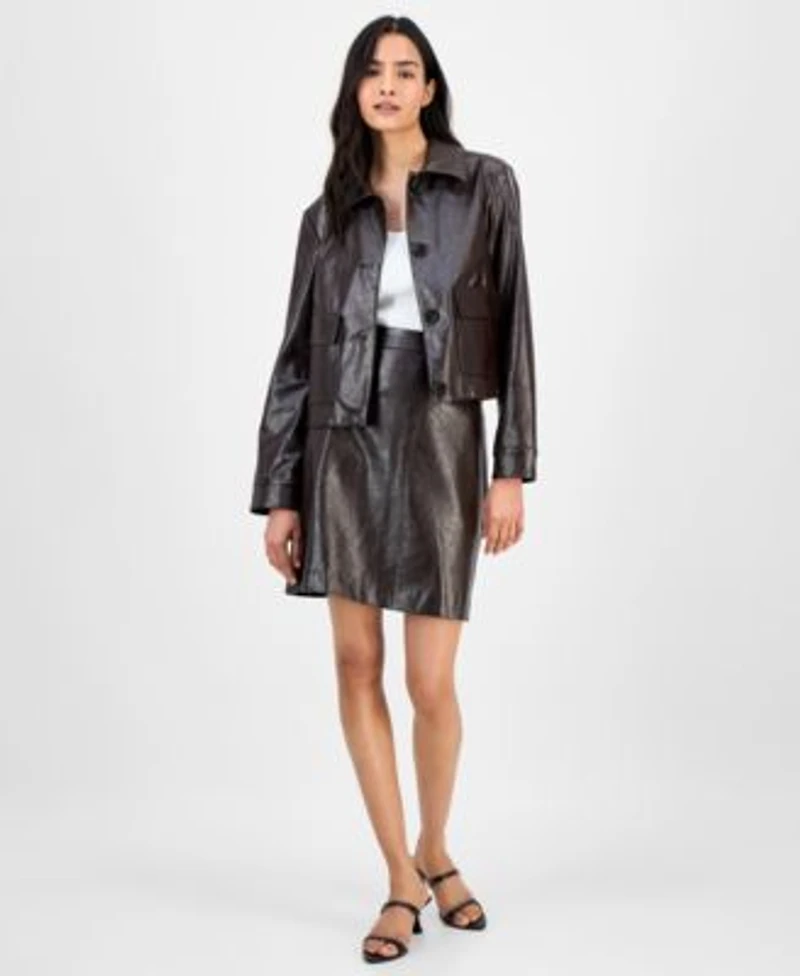 Anne Klein Womens Faux Leather Front Button Jacket Faux Leather Mini Skirt