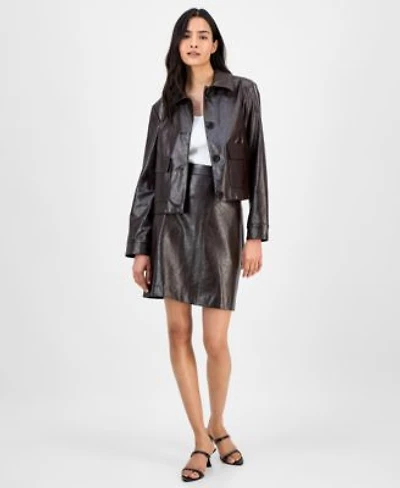 Anne Klein Womens Faux Leather Front Button Jacket Faux Leather Mini Skirt