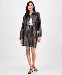 Anne Klein Womens Faux Leather Front Button Jacket Faux Leather Mini Skirt