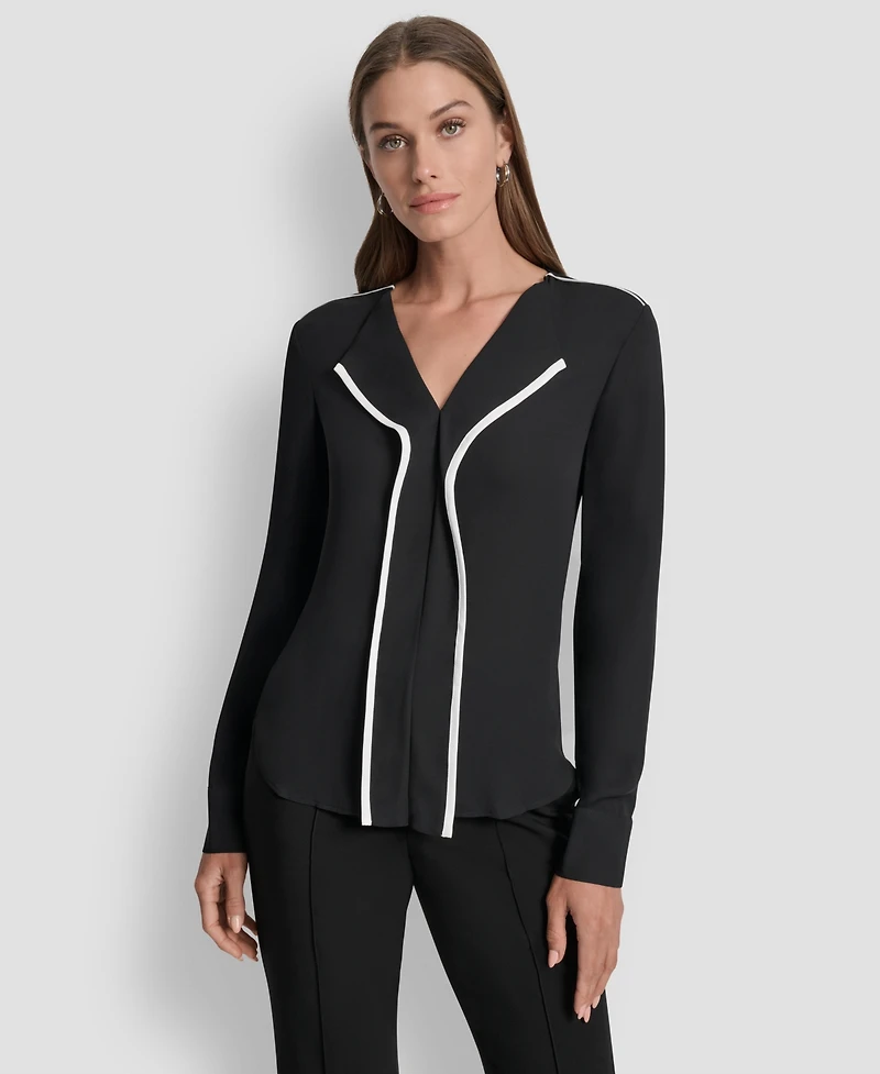 Dkny Women's Long Sleeve Trimmed Lapel Blouse, Regular & Petite