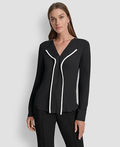 Dkny Women's Long Sleeve Trimmed Lapel Blouse, Regular & Petite