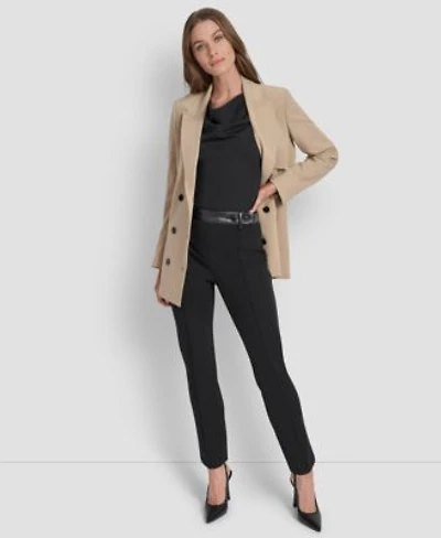 Dkny Womens Double Breasted Peak Lapel Trench Jacket Sleeveless Side Slit Ruched Top Faux Leather Trim Ponte Bootcut Pants