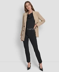 Dkny Womens Double Breasted Peak Lapel Trench Jacket Sleeveless Side Slit Ruched Top Faux Leather Trim Ponte Bootcut Pants