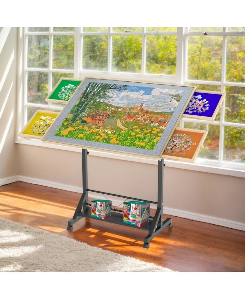 Streamdale Furniture Adjustable Tilting Wooden Puzzle Table with Wheels & Cover
